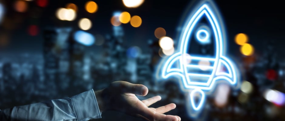 Man hand on dark background using startup digital neon interface 3D rendering