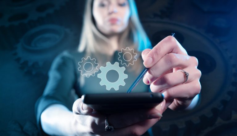 customização, engrenagem, celular, mulher