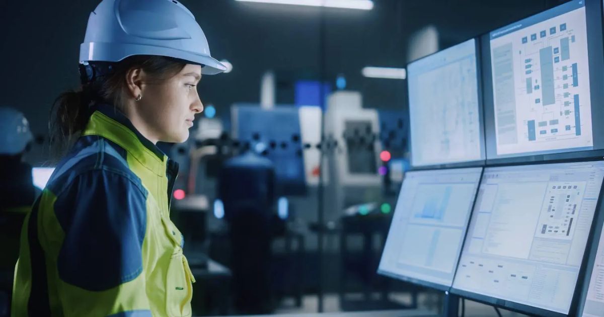 Engenheira usando capacete de segurança e uniforme de alta visibilidade, analisando dados em múltiplas telas em um ambiente industrial de alta tecnologia. O cenário apresenta um ambiente moderno e bem iluminado, com equipamentos industriais ao fundo, destacando a integração entre tecnologia e operações (certificações, tecnologia operacional, OT, indústria. Imagem: Shutterstock, KPMG)