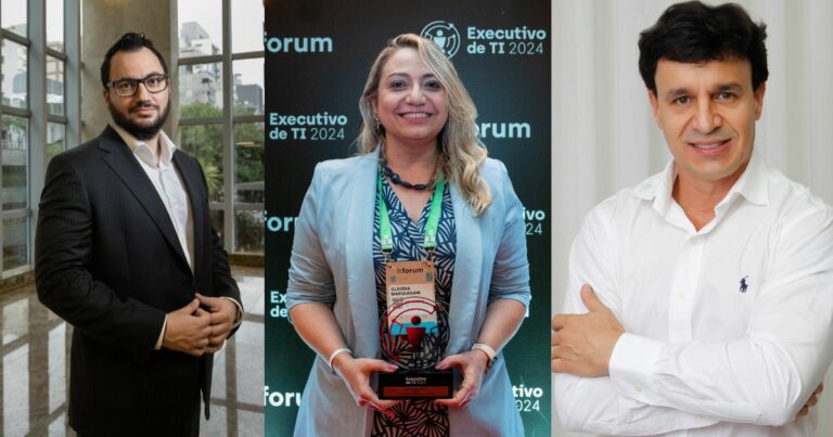 Alex Vieira, CIO do HCor; Claudia Marquesani, CIO da Copa Energia; e Ronaldo Ribeiro, CIO da Cenibra. Foto: Divulgação.