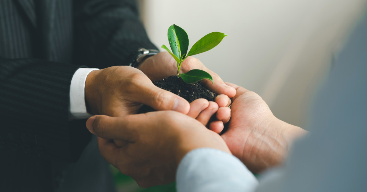 Duas pessoas em trajes formais segurando em conjunto uma pequena planta em crescimento, envolta em terra, simbolizando parceria e compromisso com a sustentabilidade. As mãos formam uma proteção ao redor da planta, representando cuidado com o meio ambiente e responsabilidade corporativa em iniciativas verdes (Parcerias sustentáveis, ambientais)