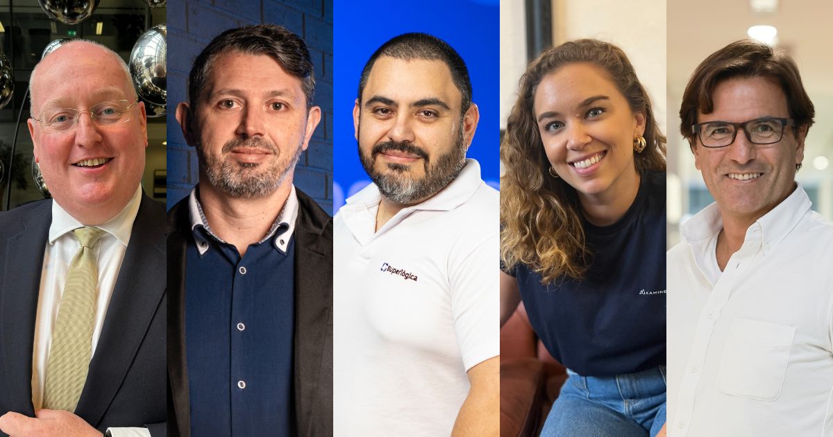 Imagem dos executivos Stuart Deignan, CEO global da Getronics; Farlei Kothe, CEO NA, EMEA e APAC do Grupo Stefanini; Joca Neto, diretor de Produtos da Superlógica; Juliana Strohl, cofundadora da Kamino; e Xiko da Rocha Campos, membro do conselho da Geopagos. Os cinco estão posicionados lado a lado, representando diferentes setores e lideranças empresariais (Executivos da semana)