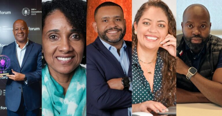 Cinco líderes negros da área de tecnologia, posando em contextos variados que destacam suas realizações. Da esquerda para a direita, estão um executivo segurando um troféu de inovação, uma mulher sorridente com um lenço azul-turquesa, um homem com terno e braços cruzados, uma mulher usando camisa de bolinhas e apoiando o rosto com a mão, e outro executivo com uma jaqueta preta, olhando diretamente para a câmera.