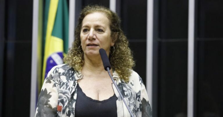 Deputada Jandira Feghali discursa em plenário na Câmara dos Deputados, com bandeira do Brasil ao fundo. Ela está posicionada em frente a um microfone, usando uma blusa estampada e com expressão séria