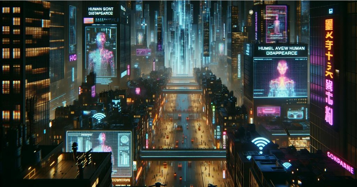 Ilustração de uma cidade futurista em estilo cyberpunk, com arranha-céus iluminados por néons, outdoors digitais e hologramas exibindo imagens e textos tecnológicos. A avenida central está repleta de luzes e pequenos veículos, enquanto as laterais mostram detalhes de uma metrópole densa e tecnológica. A estética reflete uma visão distópica e avançada do futuro (cyberpunk, distopia, cidade, futuro)