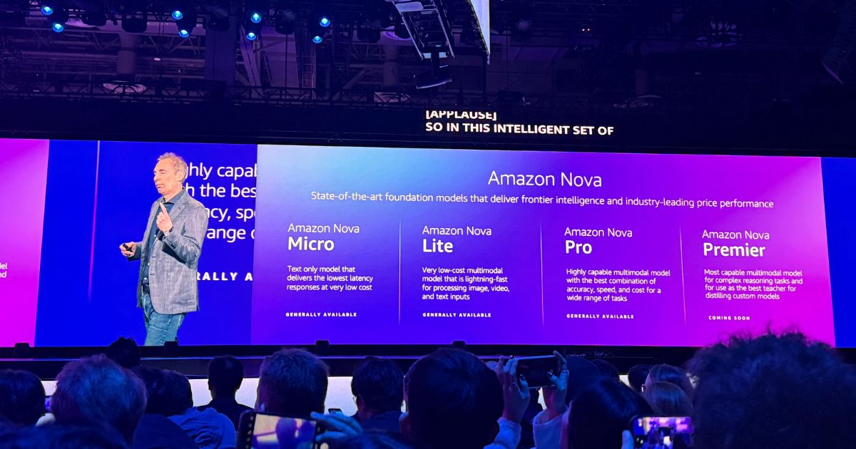 A imagem mostra um slide apresentado em um evento da Amazon, destacando a linha de modelos de fundação chamada Amazon Nova, descrita como uma coleção de modelos de ponta que oferecem inteligência avançada e desempenho.