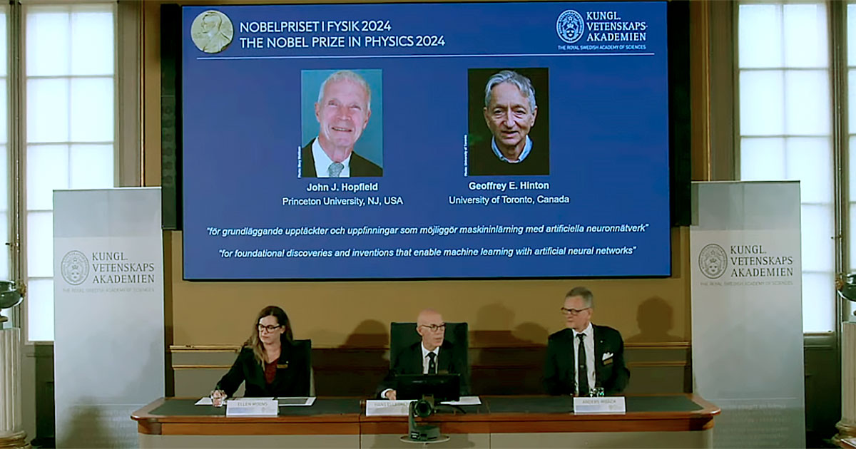 Anúncios dos vencedores do Prêmio Nobel de Física de 2024, pelo seu trabalho nos fundamentos do machine learning (Imagem: Reprodução)