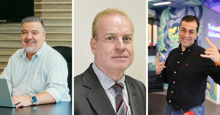 Uma montagem com três retratos. À esquerda, um homem de cabelo grisalho curto, barba bem aparada, camisa clara e relógio moderno, sentado em frente a um laptop. No centro, um homem loiro de pele clara usando terno escuro com gravata listrada. À direita, um homem sorridente de camisa preta, posando descontraidamente com as mãos gesticulando, em frente a uma parede com decoração vibrante e colorida