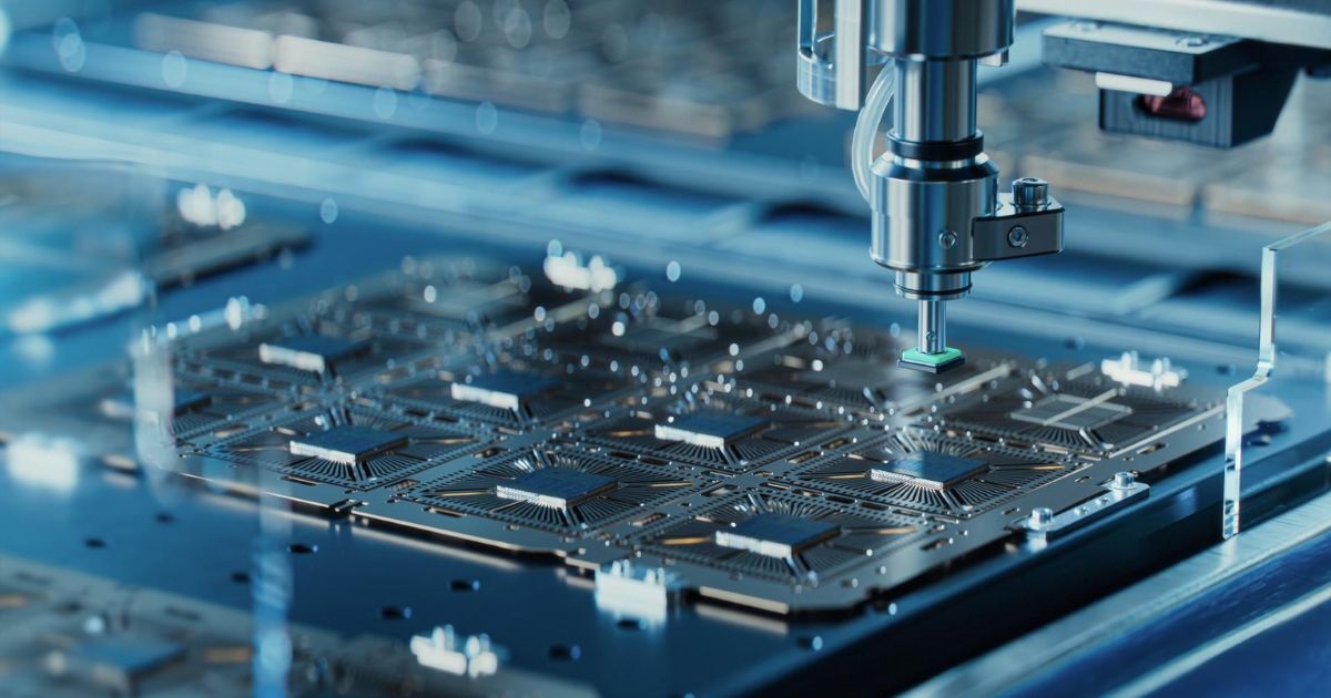 Uma imagem em close de um processo automatizado de fabricação de microchips. Um braço robótico de alta precisão está posicionando um pequeno componente eletrônico sobre uma placa de circuito integrada. O ambiente é moderno, com tons metálicos e azulados, destacando tecnologia avançada. Ao fundo, várias placas de circuito estão dispostas, sugerindo uma linha de produção industrial altamente tecnológica. mit