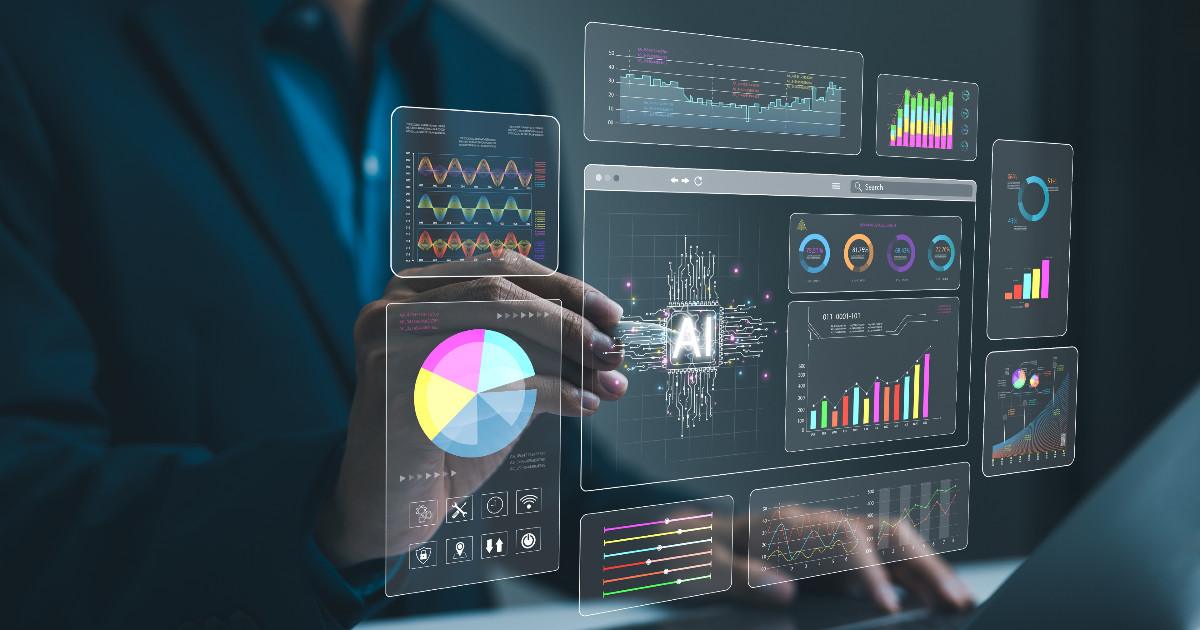 Representação gráfica de análise de dados utilizando inteligência artificial (IA) e algoritmos, com gráficos, painéis interativos e projeções em tela virtual (TotalEnergies, analytics)