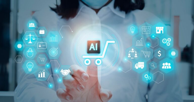Pessoa interagindo com uma interface digital representando tecnologia e inteligência artificial (IA) no comércio. No centro, um ícone de um carrinho de compras com o texto "AI" e ao redor vários ícones hexagonais, como gráficos, cadeado, balança, engrenagens e caminhão, simbolizando diversos aspectos do varejo, logística e tecnologia. O fundo é desfocado, destacando os elementos digitais brilhantes em azul (varejo, vendas, comercio, ai, ia, genai, Capgemini, Microsoft, freshworks)