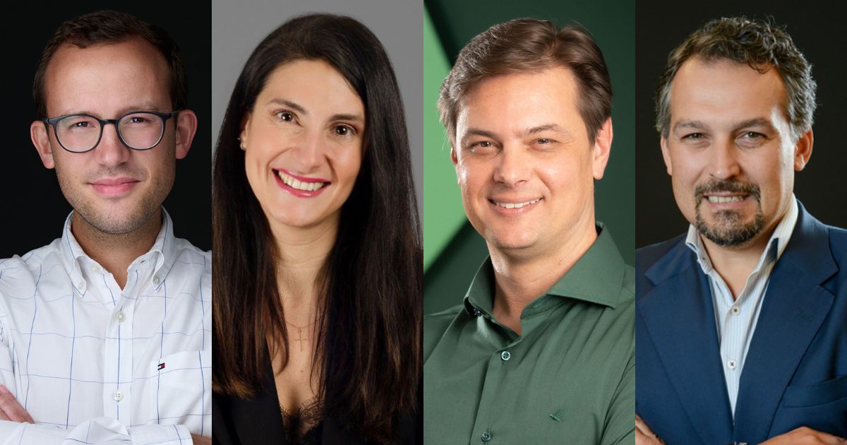 Montagem com quatro fotos de executivos em retratos individuais. Da esquerda para a direita: Flavio Valiati, diretor de vendas da Databricks para a América Latina, veste camisa branca com estampa discreta e óculos, posando contra um fundo preto; Magdalena Mardones, gerente de marketing sênior da Vertiv, tem cabelos longos e escuros, usa um blazer preto e um colar delicado, sorrindo contra um fundo cinza; Dgeison De Lucca, CTO da Conta Simples, veste uma camisa verde e sorri suavemente contra um fundo verde; e Michel Gobbato, líder de banking da NTT Data, veste um terno azul escuro com camisa clara e sorri discretamente contra um fundo escuro