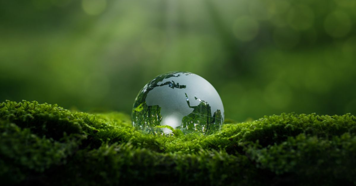 Uma esfera de vidro transparente repousa sobre um solo coberto de musgo verde vibrante. A esfera reflete uma imagem estilizada do planeta Terra, com os continentes visíveis, sugerindo um conceito de sustentabilidade e conexão com a natureza. O fundo desfocado exibe tons de verde suave, criando um ambiente sereno e harmonioso (soluções)
