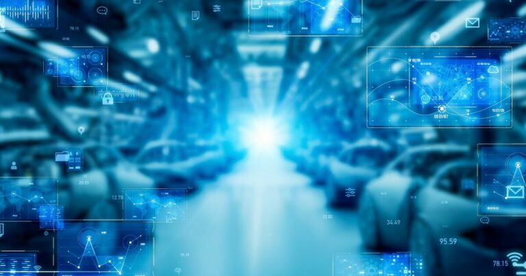 A imagem retrata uma linha de produção automotiva com um efeito futurista, destacando carros em fabricação em um ambiente industrial azul brilhante. Sobre a cena, há elementos gráficos transparentes representando dados digitais, gráficos, mapas, sensores e ícones tecnológicos, revelando conceitos como indústria 4.0, automação, inteligência artificial e paraná