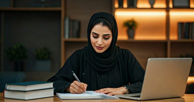 Mulher usando um hijab preto e roupa preta, sentada a uma mesa de madeira enquanto escreve num caderno com uma caneta. Ao lado dela, há um computador portátil prateado e alguns livros empilhados. Ela tem uma expressão serena e concentrada. O fundo mostra uma estante de madeira com livros e plantas, iluminada por luzes quentes, criando um ambiente acolhedor.