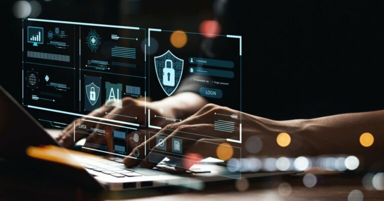 Imagem de um profissional digitando em um laptop, com elementos gráficos digitais sobrepostos, representando conceitos de cibersegurança, inteligência artificial (IA) e proteção de dados. Os gráficos incluem um escudo com um cadeado, campos de login e diversas interfaces digitais, simbolizando segurança da informação e autenticação online (ciso, cso, segurança, cibersegurança, digital, phishing, funcionários, Parceria)