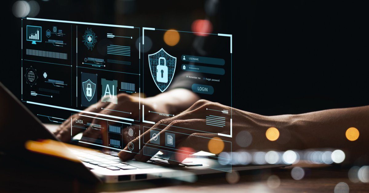 Imagem de um profissional digitando em um laptop, com elementos gráficos digitais sobrepostos, representando conceitos de cibersegurança, inteligência artificial (IA) e proteção de dados. Os gráficos incluem um escudo com um cadeado, campos de login e diversas interfaces digitais, simbolizando segurança da informação e autenticação online (ciso, cso, segurança, cibersegurança, digital, phishing, funcionários, Parceria)