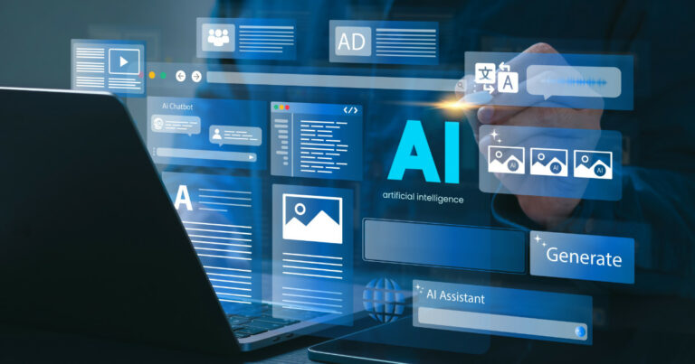 Imagem conceitual sobre inteligência artificial. Um laptop aberto exibe elementos gráficos flutuantes em um ambiente digital, com a sigla 'AI' em destaque. Ícones e interfaces representam chatbots, assistentes virtuais, geração de conteúdo e tradução automática. Uma mão interage com a tela holográfica, simbolizando a integração entre humanos e tecnologia avançada (transparência, líderes, empresa, eua)