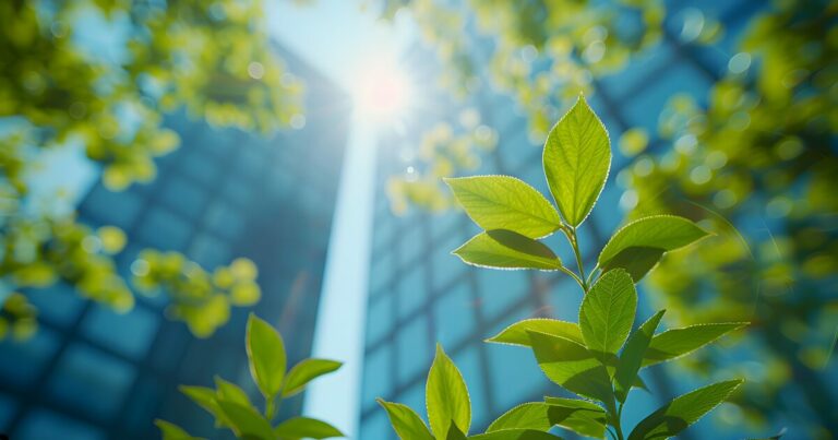 Imagem mostrando uma planta verde com folhas iluminadas pela luz solar, em primeiro plano, destacando o conceito de sustentabilidade ou meio ambiente. Ao fundo, em desfoque, aparecem prédios altos com fachadas de vidro refletindo a luz do sol, sugerindo a ideia de integração entre a natureza e a arquitetura urbana moderna (negócios, impacto ambiental)