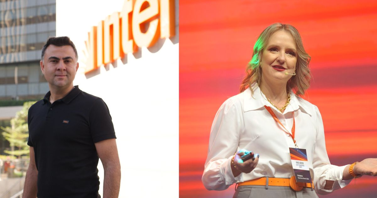 À esquerda, Ernane Drumond, head de CX do Inter, está em pé ao ar livre, vestindo camisa polo preta, com o logo do banco Inter desfocado ao fundo. À direita, Amanda Andreone, country manager da Genesys Brasil, fala em um palco com microfone de lapela, usando camisa branca e calça cinza com cinto laranja, em frente a um fundo vermelho vibrante.