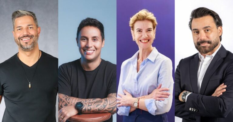 Foto com montagem de quatro executivos em diferentes fundos coloridos. Da esquerda para a direita: Nycholas Szucko, novo CXO da Advisor Netskope, vestindo camiseta preta e sorrindo; Vinicius Fontes, novo CEO da Stocci, também sorrindo, com camiseta preta e tatuagens visíveis no braço; Rafaela Costa, nova vice-presidente de redes e serviços gerenciados da Ericsson para o Cone Sul da América Latina, com camisa azul clara e fundo roxo; e Marlos Steffen, novo CRO da Approach, com terno escuro e camisa branca, posando com os braços cruzados.