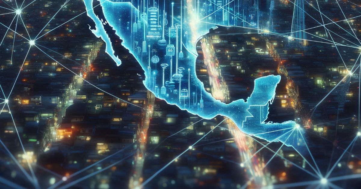 Ilustração futurista mostrando o mapa do México e América Central em tons de azul claro, com linhas digitais e ícones tecnológicos representando conectividade e inovação. O fundo mostra uma cidade noturna vista de cima, com luzes e edifícios, cruzada por uma rede de ligações digitais que se estendem pelo mapa (Hiperstream)