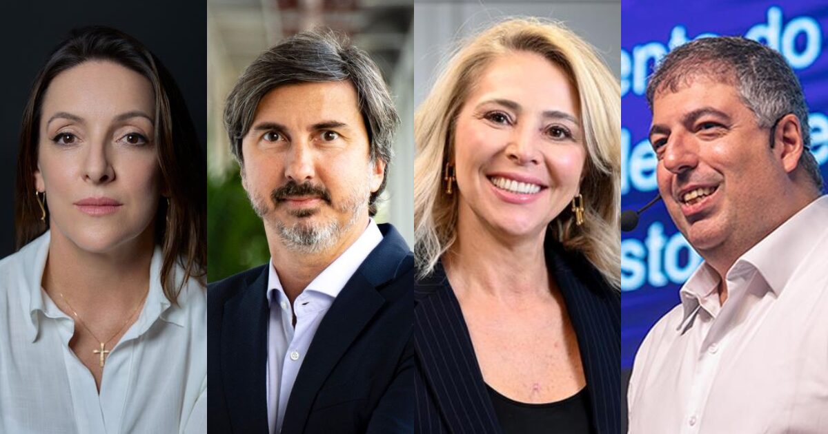 Montagem com quatro executivos lado a lado, da esquerda para a direita: Débora Ignacio Bortolasi, diretora-executiva B2B da Vivo; Claudio Stopatto, diretor de Software e Alianças da Lenovo ISG para América Latina; Raquel Possamai, diretora-executiva de Finanças da Claro Empresas; e Bruno Luiz Assaf, diretor de ISG da Dell. Todos aparecem em fotos de perfil profissional, com expressões sérias ou sorridentes, em diferentes ambientes corporativos (IT Forum Trancoso)