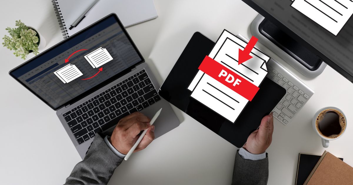 Computador mostrando um arquivo PDF e uma mão segurando outro