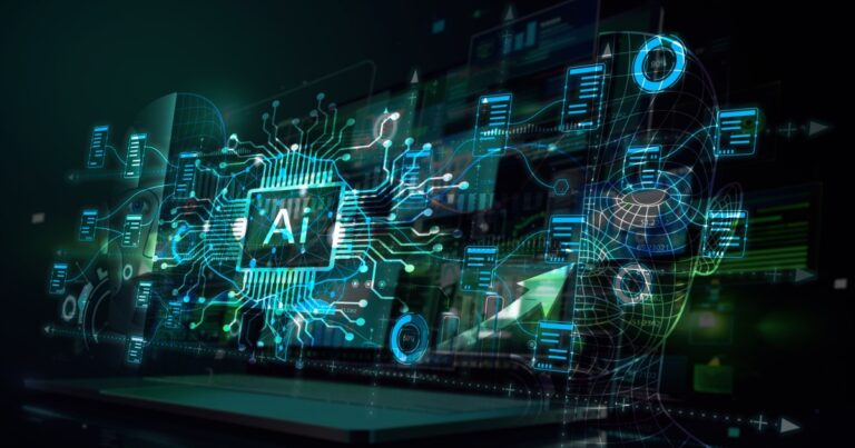 Ilustração conceitual de inteligência artificial (IA), com um chip central destacado com a sigla "AI" conectado a diversos circuitos e ícones digitais de documentos e dados. Ao fundo, o contorno de um rosto humano em estilo digital e elementos gráficos representando tecnologia, dados e conectividade. A imagem transmite a ideia de processamento de informações e automação através da inteligência artificial (dados, ia, inteligencia artificial, data, integração, integridade, empresas)