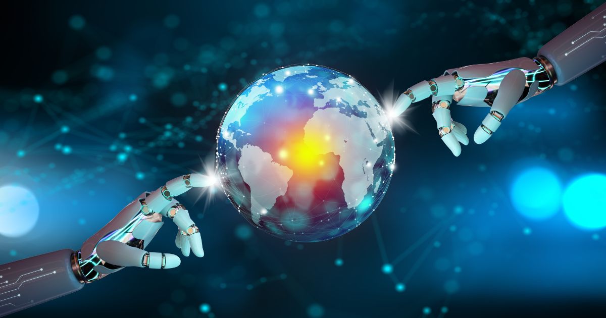 Duas mãos robóticas, uma à esquerda e outra à direita, se aproximam de um globo terrestre digital flutuante no centro da imagem, tocando-o levemente com os dedos indicadores, criando um brilho de luz nos pontos de contato. O globo mostra principalmente os continentes da África, América do Sul e Europa, com cores vibrantes e efeitos de luz, como uma representação digital ou holográfica. O fundo é escuro com tons de azul e luzes difusas, transmitindo um ambiente futurista e tecnológico com conexões em rede ao estilo de inteligência artificial ou comunicação global.
