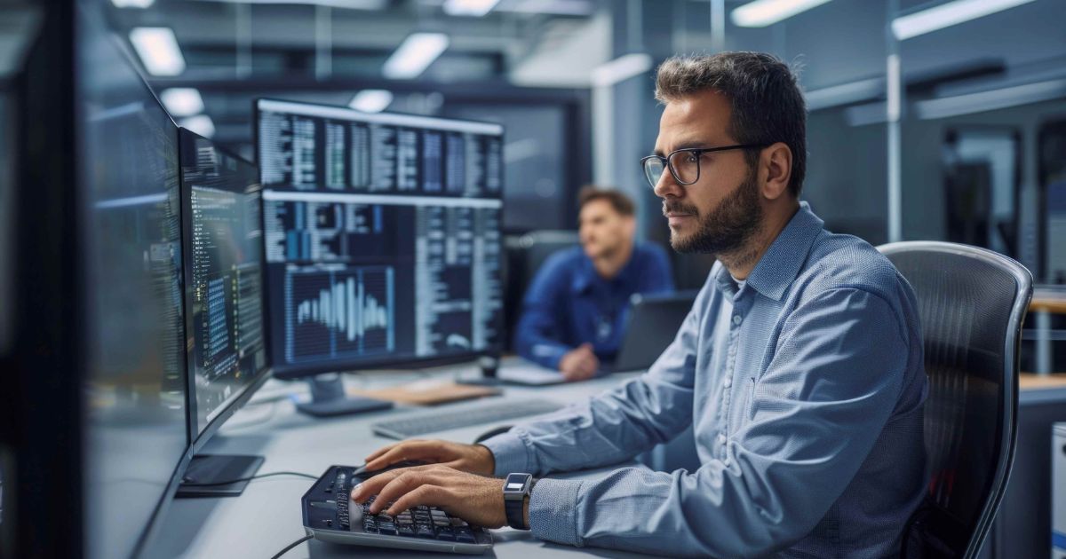 Uma pessoa está sentada em uma estação de trabalho em um ambiente de escritório moderno, operando um computador com múltiplos monitores. As telas exibem gráficos variados, como gráficos de barras e de linhas, sugerindo análise de dados ou monitoramento de sistemas. Ao fundo, outra pessoa também está envolvida em atividades semelhantes, diante de computadores. O espaço é bem iluminado e transmite uma atmosfera profissional e tecnológica, possivelmente relacionada a operações digitais ou controle de sistemas. (mercado/vagas)