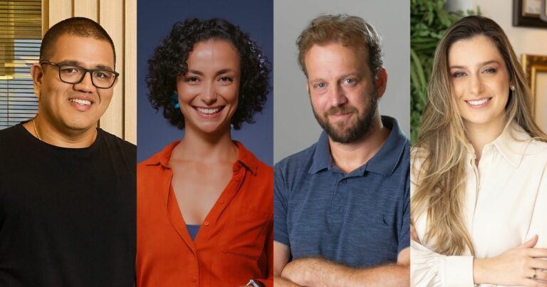 Foto de quatro executivos lado a lado: Rodrigo Kwee de França, novo vice-presidente da Bemobi; Rinamara Rosa, líder da área de sucesso do cliente da Tripla; Felipe Wasserman, novo diretor de growth e marketing da Skyone; e Giovanna Maialle, diretora de gente e governança corporativa da Dr.Consulta. (executivos da semana)