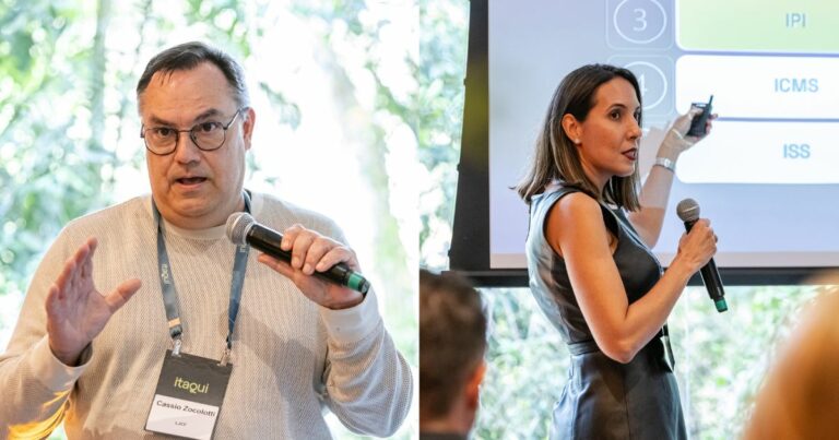 Gabriela Freire, sócia do escritório LJCF, e Cássio Zocolotti, sócio do escritório LJCF, no IT Forum Na Mata CEO - Reforma Tributária. Foto: PlayP