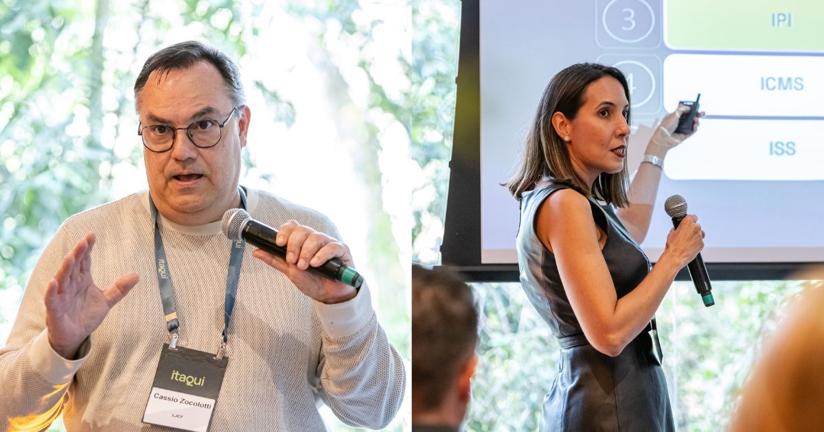 Gabriela Freire, sócia do escritório LJCF, e Cássio Zocolotti, sócio do escritório LJCF, no IT Forum Na Mata CEO - Reforma Tributária. Foto: PlayP