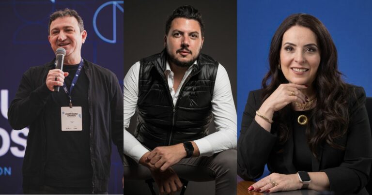 Montagem com três executivos: à esquerda, Cesar Gon, CEO da CI&T, falando ao microfone; ao centro, Renan Torres, CRO da Arklok, sentado e olhando para a câmera; à direita, Claudia Muchaluat, CRO da Logicalis, sorrindo em um ambiente corporativo, crescimento orgânico