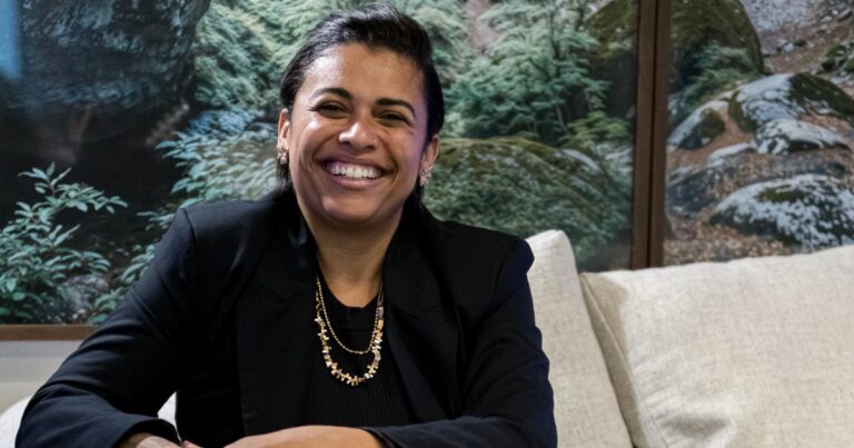 Mulher sorridente sentada em um sofá claro, usando blazer preto e colar dourado, com um painel de paisagem natural ao fundo; junto à imagem aparece o texto “Noéle Gomes, pesquisadora”.
