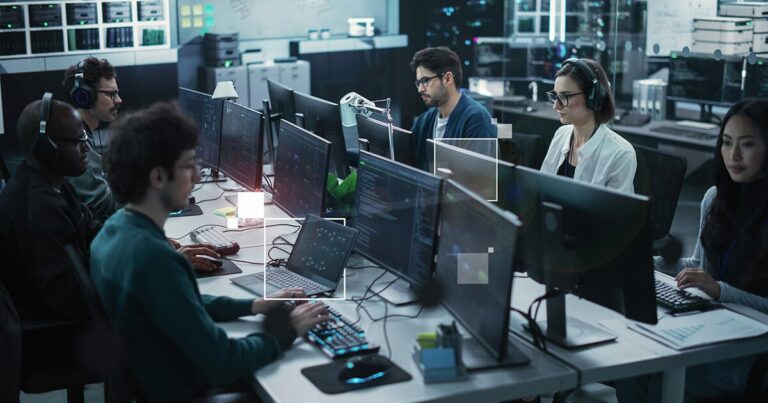 Grupo de profissionais trabalhando com computadores em um ambiente de escritório, utilizando tecnologia Intel vPro para maior segurança e desempenho.