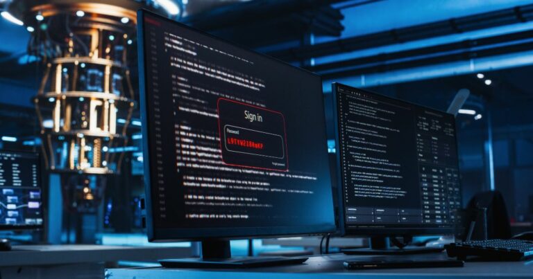A cena mostra duas telas de computador em um ambiente tecnológico com iluminação azulada, sugerindo um laboratório ou centro de operações avançado. A tela principal exibe código em fundo escuro e uma janela de login com destaque em vermelho, contendo a mensagem “Sign in” e um campo de senha preenchido com caracteres, indicando “UNAUTHORIZED”. A segunda tela também apresenta linhas de código e dados técnicos. Ao fundo, há uma estrutura cilíndrica iluminada, que lembra um equipamento de computação quântica ou servidor de alta tecnologia, reforçando o contexto de segurança cibernética e infraestrutura avançada. (IA)