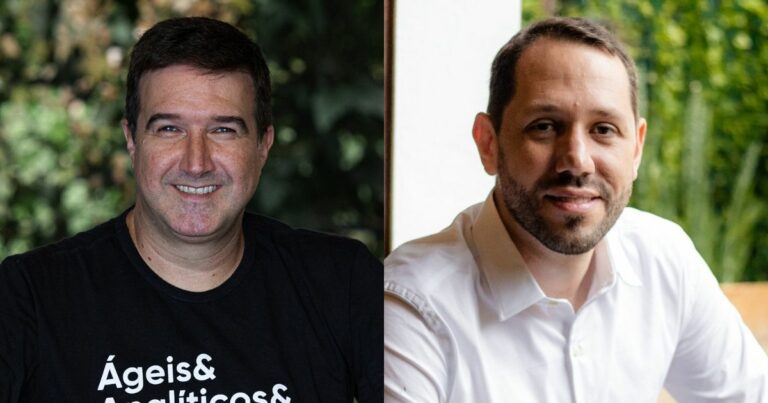 Montagem com duas fotos lado a lado mostrando dois homens adultos sorrindo, ambos em ambientes com vegetação ao fundo; o homem à esquerda usa camiseta preta com texto e o da direita veste camisa social branca. As informações fornecidas junto à imagem mencionam Rodrigo Pereira, CEO na A3Data, e Paulo Laurentys, COO