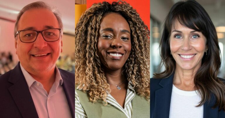 Montagem com três executivos: à esquerda, Oscar Reis, novo líder de integração de ecossistemas da Roche, sorrindo e usando óculos e terno escuro; ao centro, Camila Miranda, nova head de marketing para a América Latina da Adobe, com cabelos cacheados e blusa verde, sorrindo diante de fundo vermelho; à direita, Kim Seabrook, chief revenue officer da OutSystems, sorrindo e vestindo blazer azul em um ambiente corporativo. ‘Executivos da semana’.