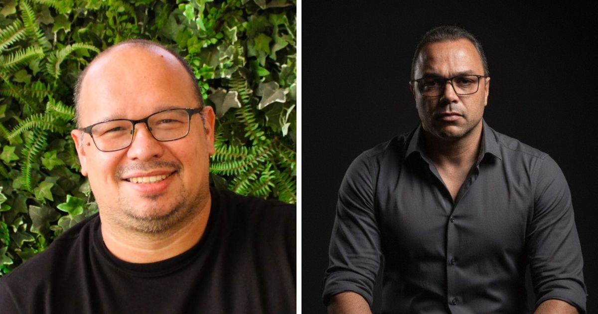 A imagem está dividida em duas partes, lado a lado. À esquerda, há uma pessoa vestindo uma camiseta preta, posicionada diante de um fundo composto por folhas verdes, sugerindo uma parede com plantas ou decoração natural. À direita, há outra pessoa vestindo uma camisa social escura, com as mangas dobradas até os cotovelos, sentada contra um fundo preto, criando um contraste forte e um ambiente mais formal ou profissional. Não há outros elementos visíveis além das roupas e dos fundos distintos, que indicam contextos diferentes: um mais casual e outro mais sofisticado. (agentes de IA)