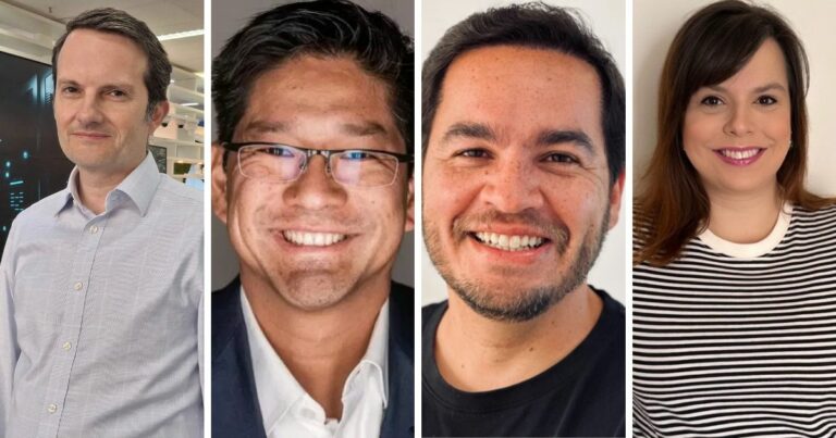 Imagem composta por quatro retratos alinhados lado a lado. Da esquerda para a direita: pessoa vestindo camisa social clara em ambiente tecnológico com telas ao fundo; pessoa usando blazer escuro e camisa clara em fundo neutro; pessoa com camiseta escura em enquadramento fechado e fundo simples; e pessoa vestindo camiseta listrada em preto e branco diante de uma parede clara. A composição apresenta diferentes estilos de vestuário e contextos profissionais e casuais. (executivos)