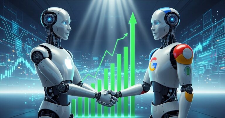 A imagem apresenta uma cena futurista com dois robôs humanoides se cumprimentando com um aperto de mãos. Detalhes principais: Robô à esquerda: Corpo metálico prateado com o logotipo da Apple no peito. Robô à direita: Corpo semelhante, mas com cores e detalhes que remetem ao Google, incluindo o logotipo no peito e cores características (vermelho, azul, amarelo e verde) nos ombros. Contexto visual: Fundo tecnológico com gráficos digitais, códigos e elementos de interface, sugerindo um ambiente de alta tecnologia. Ao centro, atrás dos robôs, há um gráfico de barras verde com uma seta ascendente, simbolizando crescimento, progresso ou parceria estratégica. Iluminação: Feixes de luz descendo do topo, destacando os robôs e criando uma atmosfera futurista e inovadora. Essa imagem transmite uma ideia de aliança tecnológica, inteligência artificial e colaboração entre grandes empresas para impulsionar inovação e crescimento.