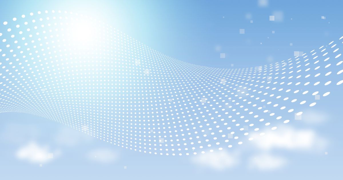 Fundo abstrato em tons suaves de azul e branco, com uma forma ondulada composta por pequenos pontos brancos que se expandem horizontalmente, criando a sensação de movimento e fluidez. Elementos geométricos sutis, como pequenos quadrados translúcidos, estão dispersos no espaço, evocando tecnologia, leveza e conectividade em um ambiente visual limpo e moderno. (Spatial UX)