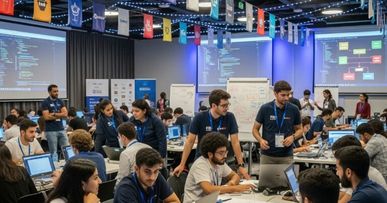 Grande sala cheia de participantes trabalhando em computadores durante um evento tecnológico, como um hackathon. Pessoas discutem ideias, programam e colaboram em grupos ao redor de mesas equipadas com laptops. Telões exibem códigos e fluxogramas nas paredes, enquanto quadros brancos mostram anotações e diagramas. Bandeiras de diversos países pendem do teto, reforçando o caráter internacional e colaborativo do evento. (Grupo Silvio Santos)