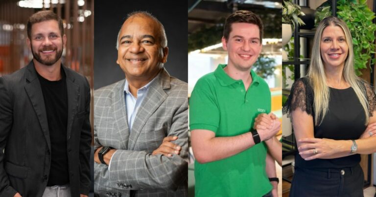 Primeira imagem (quatro pessoas lado a lado) Quatro pessoas aparecem em retratos individuais colocados lado a lado. A primeira usa um blazer escuro com camisa preta, em um ambiente corporativo com luzes desfocadas ao fundo. A segunda veste um terno cinza claro com camisa azul-clara, posando com os braços cruzados diante de um fundo escuro. A terceira usa uma camisa polo verde, em um ambiente de escritório com plantas e iluminação natural. A quarta está com blusa preta de mangas rendadas, em um ambiente decorado com plantas em estantes. (executivos)