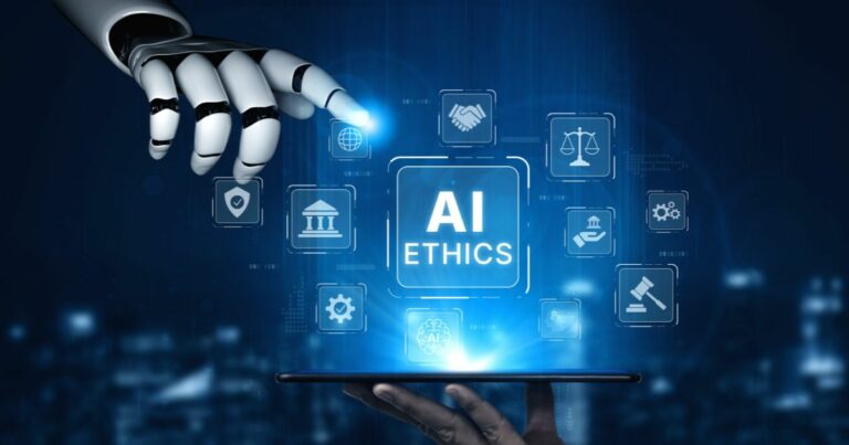 Mão robótica estende um dedo em direção a um conjunto de interfaces digitais luminosas. No centro da composição, aparece o texto “AI Ethics” dentro de um painel azul brilhante. Ao redor, ícones holográficos representam justiça, governança, colaboração, segurança, regulamentação e tecnologia. Na parte inferior, uma mão humana sustenta uma base luminosa, simbolizando a interação entre pessoas e inteligência artificial em um contexto ético e tecnológico. (confiança, I2AI, Marketing B2A, conteúdo inteligente)