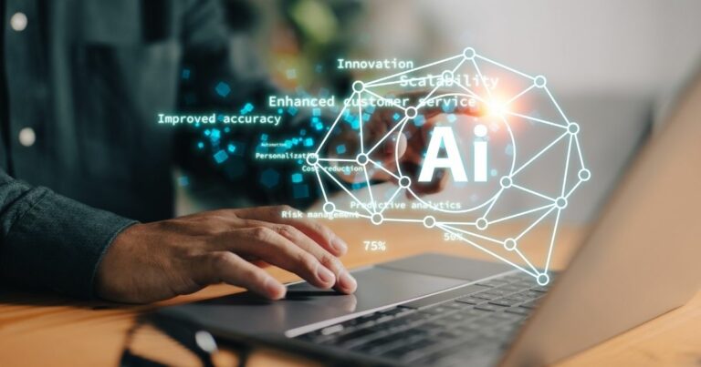 A imagem apresenta um conceito visual relacionado à Inteligência Artificial aplicada a negócios e tecnologia. Detalhes principais: Elemento central: Um laptop aberto sobre uma mesa, com mãos digitando no teclado, sugerindo trabalho ou desenvolvimento tecnológico. Sobreposição digital: Um grande ícone com a sigla “AI” dentro de uma estrutura geométrica conectada por pontos e linhas, representando redes neurais ou sistemas inteligentes. Palavras-chave flutuando ao redor, como: Innovation Scalability Enhanced customer service Improved accuracy Personalization Cost reduction Risk management Predictive analytics Percentuais como 75% e 50%, indicando métricas ou ganhos potenciais. Contexto físico: Mesa de madeira clara, ambiente interno com iluminação suave e foco no trabalho digital. Essa imagem transmite inovação, automação e impacto da IA na melhoria de processos, experiência do cliente e tomada de decisão estratégica. (liderança, IA)