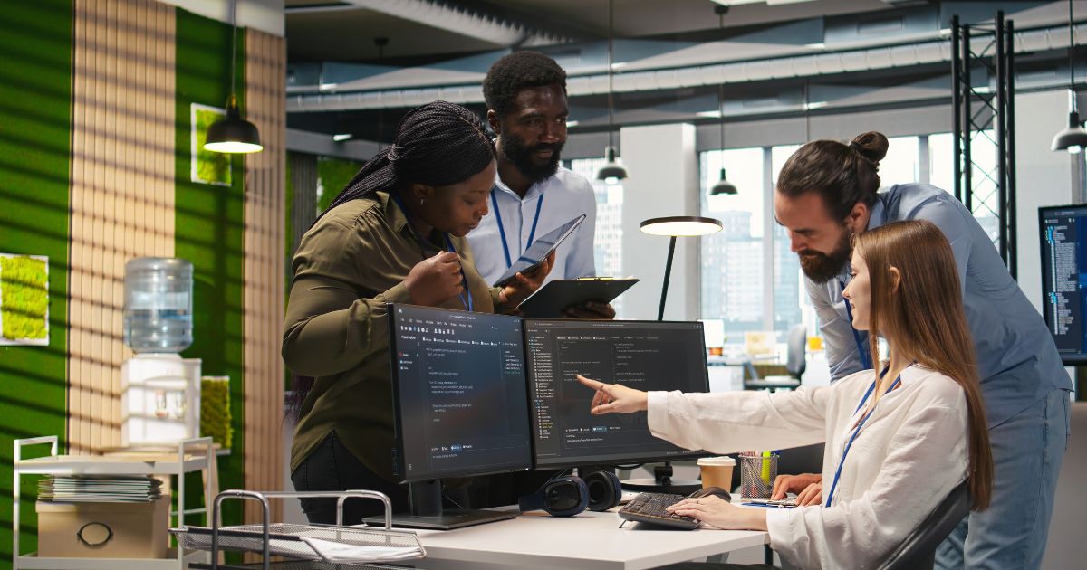 Em um escritório moderno e bem‑iluminado, quatro pessoas estão reunidas diante de duas telas de computador exibindo linhas de código. Uma pessoa sentada à mesa aponta para um trecho específico na tela enquanto digita com a outra mão. As outras três estão em pé ao redor, observando atentamente — duas seguram tablets e parecem consultar informações enquanto conversam sobre o conteúdo mostrado nos monitores. O ambiente tem paredes com painéis verdes decorativos, luminárias industriais pendentes, uma mesa organizada com acessórios de trabalho e um bebedouro ao fundo. A cena transmite colaboração em um time de tecnologia analisando ou revisando código. (Canopy)
