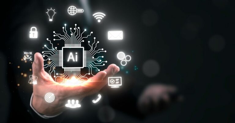 A imagem apresenta um conceito visual futurista relacionado à Inteligência Artificial e tecnologia digital. Detalhes principais: Elemento central: Um circuito eletrônico estilizado com a sigla “AI” no centro, representando um processador ou núcleo de inteligência artificial. Linhas conectadas irradiam do chip, formando uma rede que simboliza conectividade e processamento avançado. Ícones ao redor: Cadeado (segurança digital). Globo com WWW (internet e conectividade global). Wi-Fi (conexão sem fio). Envelope (comunicação digital). Engrenagens (automação e processos). Lâmpada (inovação e ideias). Alvo (precisão e estratégia). Usuários (interação humana). Carrinho de compras (e-commerce). Contexto físico: Uma mão aberta sustentando a projeção digital, sugerindo controle ou domínio sobre a tecnologia. Fundo escuro com iluminação suave, destacando os elementos digitais em tons de branco e azul brilhante, criando uma estética moderna e tecnológica. Essa imagem transmite inovação, integração de IA em diferentes áreas (segurança, comunicação, automação, comércio) e transformação digital. pib, AIops, ceos